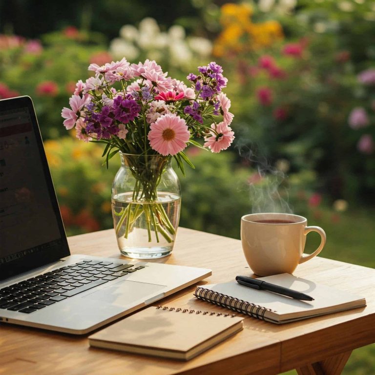 eltern-coaching-für- bedürfnisorientierte-erziehung Laptop, Blumenstrauß, Kaffee und Notizbücher auf einem Gartentisch – ein stiller Moment zwischen Alltag, Fokus und Auszeit.
