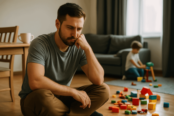 Vater spielt mit seinem Kind im Wohnzimmer und steht vor der Herausforderung, liebevoll zu bleiben und klare Grenzen zu setzen – Coaching für Eltern kleiner Kinder bei KinderLiebe.