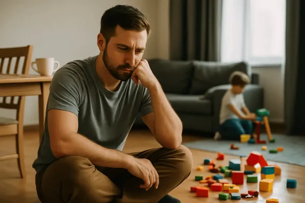 Vater sitzt nachdenklich im Wohnzimmer, Kind spielt im Hintergrund. Herausforderung für Eltern zwischen liebevollem Umgang und Grenzen setzen, Elterncoaching KinderLiebe.